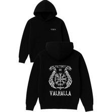 Vsrn Valhalla Victory Tasarım Baskılı Oversize Siyah Kapüşonlu Sweatshirt