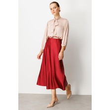 Accort Beli Lastikli Saten Görünüm Etek-Bordo