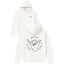 Vsrn Good Vıbes Only El Tasarım Baskılı Oversize Beyaz Kapüşonlu Sweatshirt