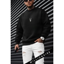 Millionaire Erkek Siyah Geyik Baskılı Kalın Soft 3 Iplik Içi Şardonlu 0 Sıfır Yaka Oversize Salaş Sweatshirt