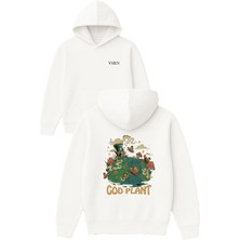 Vsrn God Plant Tasarım Baskılı Oversize Beyaz Kapüşonlu Sweatshirt