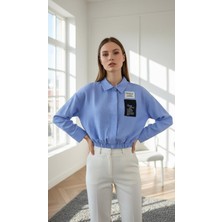 Moda Kadın Uzun Kollu Beli Lastikli Mavi Gömlek