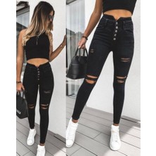 Gökyüzü Moda Kadın 5 Düğmeli V Detay Bel Yırtık Kot