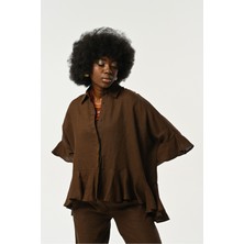 Orfeonegro Kadın %100 Keten Altı ve Kolları Fırfırlı Kahverengi Gömlek