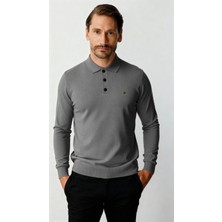 İGS Gri Standart Fit Dar Kalıp Polo Yaka Düğmeli Düz Uzun Kollu Rayon Triko