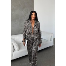 Gizotti Yeşil Leopar Dijital Baskılı Uzun Saten Pijama S