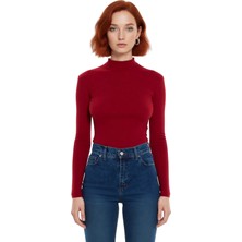 Ersefa Moda Dik Yaka Örme Slim Düz Desen Casual Günlük Regular Uzun Kol Bluz