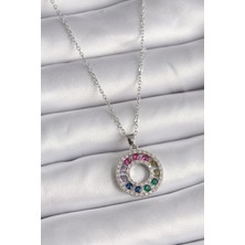 MCM Group 316L Çelik Gümüş Renk Zincir Renkli Zirkon Taşlı Madalyon Model Kadın Kolye - Lisinya