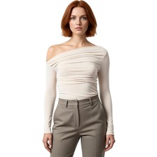 Ersefa Stil Kadın Büzgü Drape Detaylı Fitted Vücuda Oturan Kollu Esnek Bluz Regular Örme Slim Kalıp