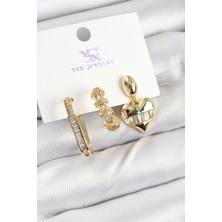 Claris Pirinç Zİrkon Taşlı Kalp Model Gold Renk 3'lü Kadın Küpe