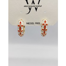 Cadde Dükkanı Çelik Halka Beyaz Turuncu Desenli Küpe