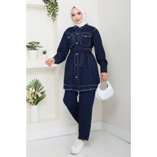 Harman Butik Kadın Inci Detaylı Kemerli Lacivert Kot Takım