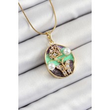 MCM Group 316L Çelik Zincir Zirkon Taşlı Yeşil Mor Sanatsal Portre Inci Detaylı Ağaç ve Kelebek Figürlü Model Gold Renk Kadın Kolye - Lisinya