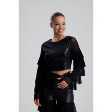 Sense Payetli Tül Kol Crop Bluz | BUST36090