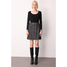 Ekol Kadın Beli Lastikli Süs Düğmeli Mini Etek 2019 Siyah