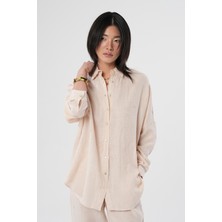 Orfeonegro Kadın %100 Keten Yarasa Kol Düz Oversize Gömlek