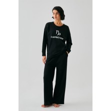 Modaserdem  Kadın Siyah Oğlak Burcu Oversize 2 Iplik Eşofman Ev Giyim Takımı