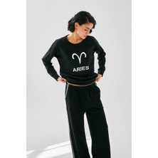 Modaserdem  Kadın Siyah Koç Burcu Oversize 2 Iplik Eşofman Ev Giyim Takımı