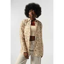 Orfeonegro Kadın %100 Keten Desenli Oversize Kesim Gömlek