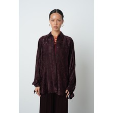 Orfeonegro Kadın Bordo Renk Balon Kol Yaprak Desenli Oversize Gömlek