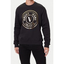 Versace Erkek Altın Rengi Varak Baskı Amblemli Bisiklet Yaka Sweatshirt - Siyah/gold