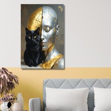 Gaagart Tekli Dikey Kanvas Tablo Siyah Kedi ve Gold Gümüş Kadın Silüeti