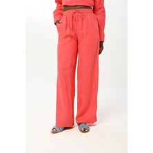 Orfeonegro Kadın Beli Lastikli Bol Paça Düz Renk Keten Pantolon