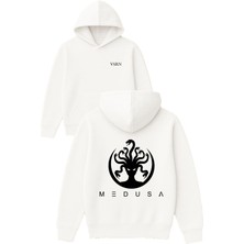 Vsrn Medusa Tasarım Baskılı Oversize Beyaz Kapüşonlu Sweatshirt