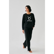 Modaserdem  Kadın Siyah Boğa Burcu Oversize 2 Iplik Eşofman Ev Giyim Takımı