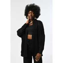 Orfeonegro Kadın Siyah Desenli Oversize Gömlek