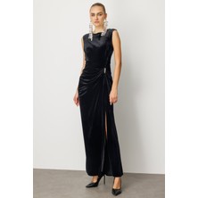 Ekol Kadın Beli Büzgülü Maxi Kadife Elbise 4141 Siyah