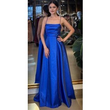 Abiyeniall Saks Degaje Yaka Ip Askılı  Sırt Dekolteli Kloş Etekli Saten Uzun Abiye Elbise 11104-01