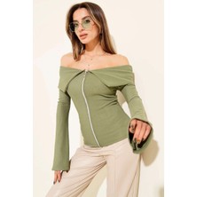 Omzu Açık Fermuarlı Bluz Haki T4330