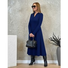 Gökyüzü Moda Kadın Uzun Kollu Yakalı Midi Viskon Iki Iplik Elbise