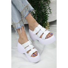 Asmi Shoes Kadın Mikeno Üç Biyeli Toka Detaylı Kalın Taban Ortopedik Terlik  Beyaz