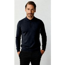İGS Lacivert Standart Fit Dar Kalıp Polo Yaka Düz Uzun Kollu  Rayon Triko