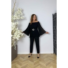 Ges Moda G1610 Piliseli Şifon Bluzlu Pantolon Takım Siyah