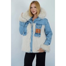 Cemo Kadın Kürk Detaylı Kemerli Denim Ceket