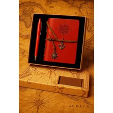Wolawood Vintage Deri Kapaklı Pusula Tasarımlı Kraft Eskitme Sayfa Spiralli Kırmızı Çizgisiz Defter & Touchpen Tükenmez Kalem Özel Kutulu Hediyelik Set