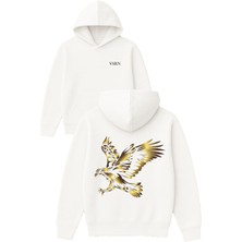 Vsrn Altın Şahin Kuş Tasarım Baskılı Oversize Beyaz Kapüşonlu Sweatshirt