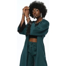 Orfeonegro Kolları Payet Işlemeli %100 Keten Petrol Renk Uzun Kimono Ceket