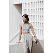 İkikız  Siyah Çizgili Halter Yaka Bluz