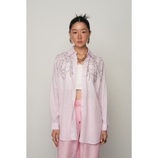 Orfeonegro Kadın Önü Taş Işlemeli Pembe Renk Çizgili Oversize Gömlek