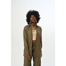 Orfeonegro Kadın Düz Renk Simli Oversize Kesim Gömlek