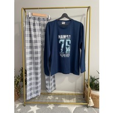 Rimoli Hawaii Baskılı Süprem Nefes Alabilen İnce Mevsimlik Kumaş Ekose Desen Uzun Kollu Pamuklu Erkek Pijama Takımı