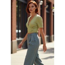 PayBuy Kadın V Yaka Fitted Crop Örme Bluz Kısa Kol Yazlık Uzun Ömürlü Günlük Kullanım Için