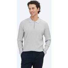 Kip Açık Gri Polo Yaka Jakarlı Yün Karışımlı Triko Kazak