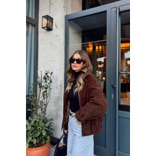 Sue Store Koyu Kahverengi Beli Lastikli Astarlı Dik Yaka Süet Ceket