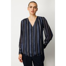 Ekol Kadın Süs Düğmeli Desenli Bluz 3063 Lacivert