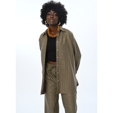 Orfeonegro Kadın Ince Çizgili Simli Oversize Kesim Gömlek